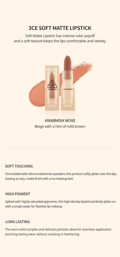 [3CE] SOFT MATTE LIPSTICK #WARMISH MOVE